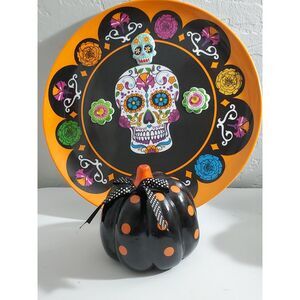 Hand Painted Black Pumpkin with Orange Polka Dots and Black Polka Dot Ribbon